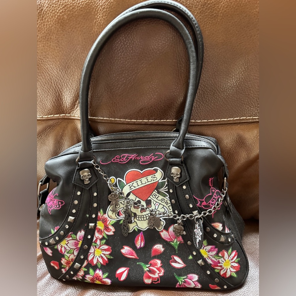 Authentic Ed Hardy Black Floral Skull Heart Tote Bag
